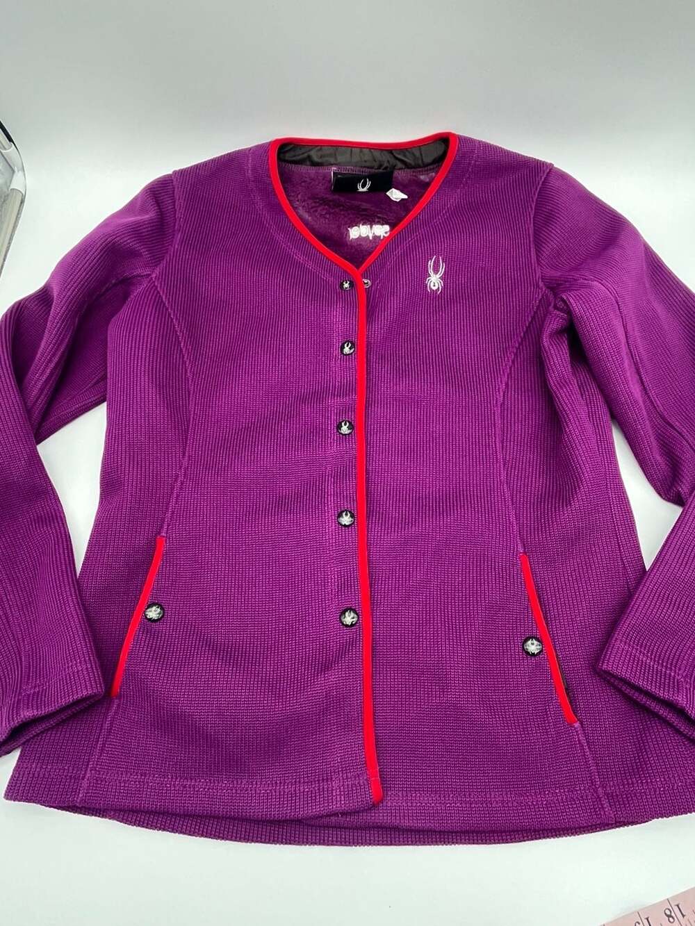Spyder Purple Long Sleeve Knit Fleece lined Jacket with snaps and red piping S
